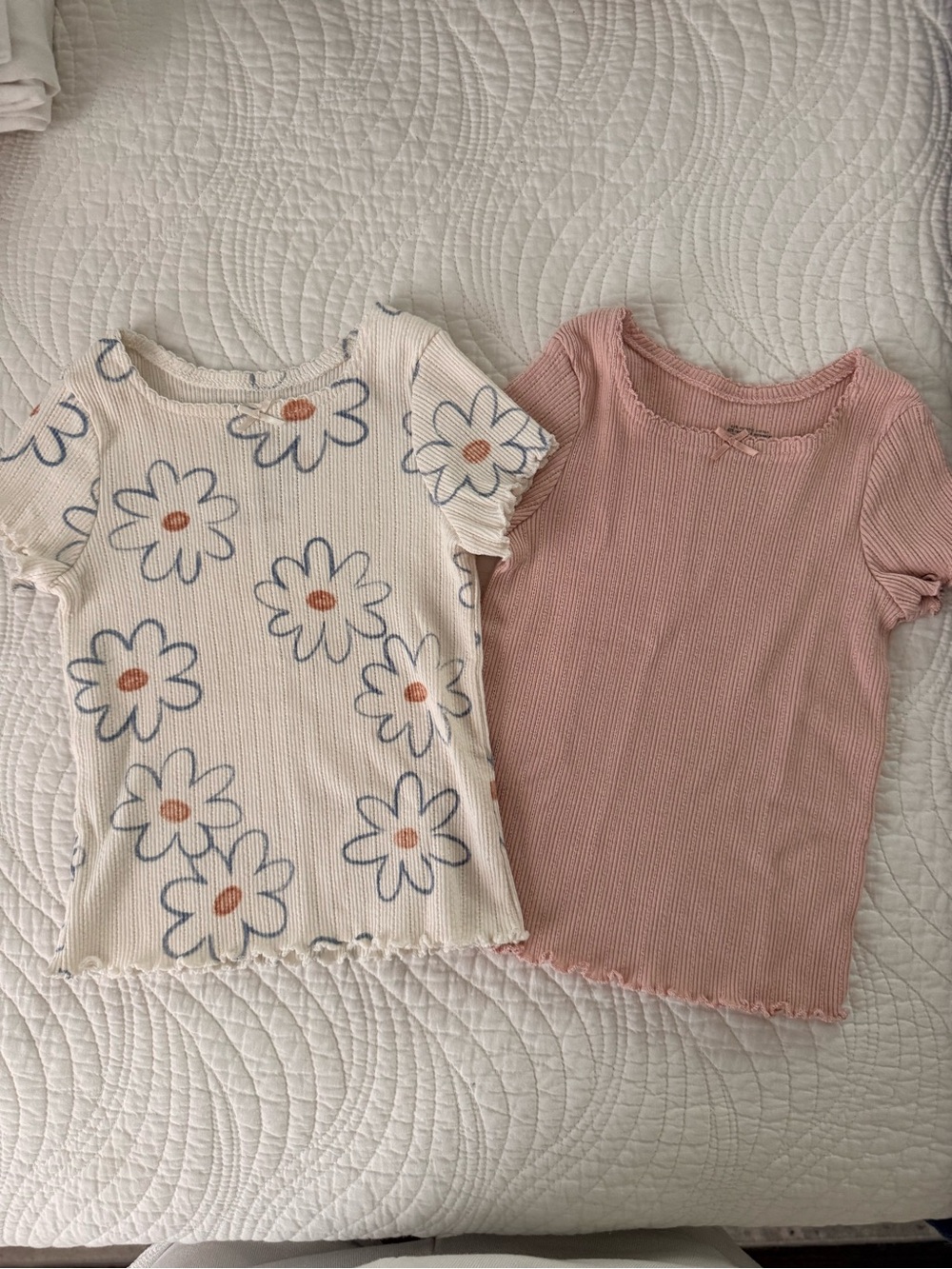 Girls Daisy Print & Pink Ribbed Short Sleeve Tops 18M